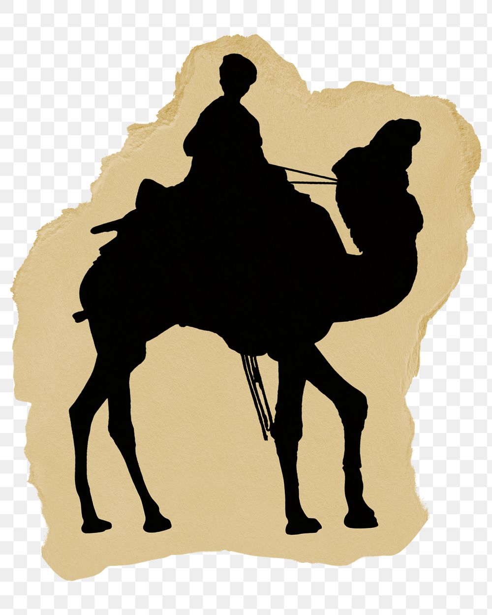 Camel rider png silhouette sticker, ripped paper collage element, transparent background