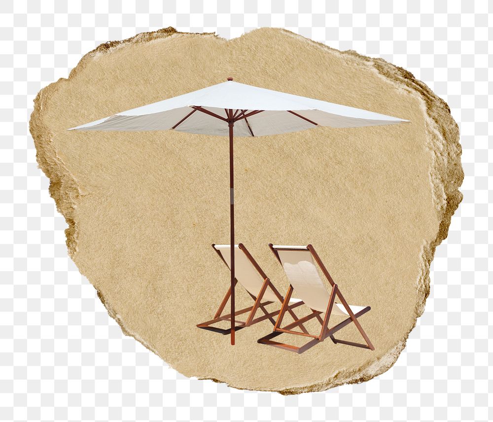 Beach chairs png ripped paper sticker, transparent background