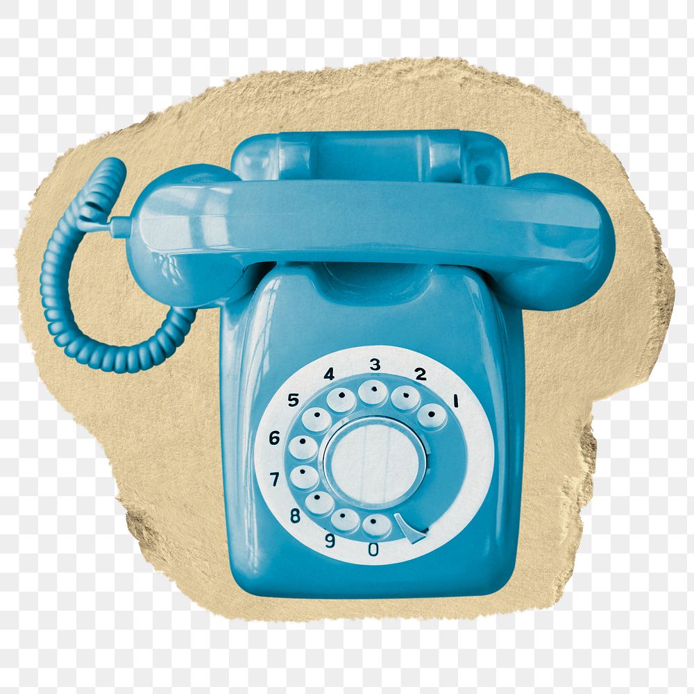 Blue png rotary telephone sticker, ripped paper, transparent background