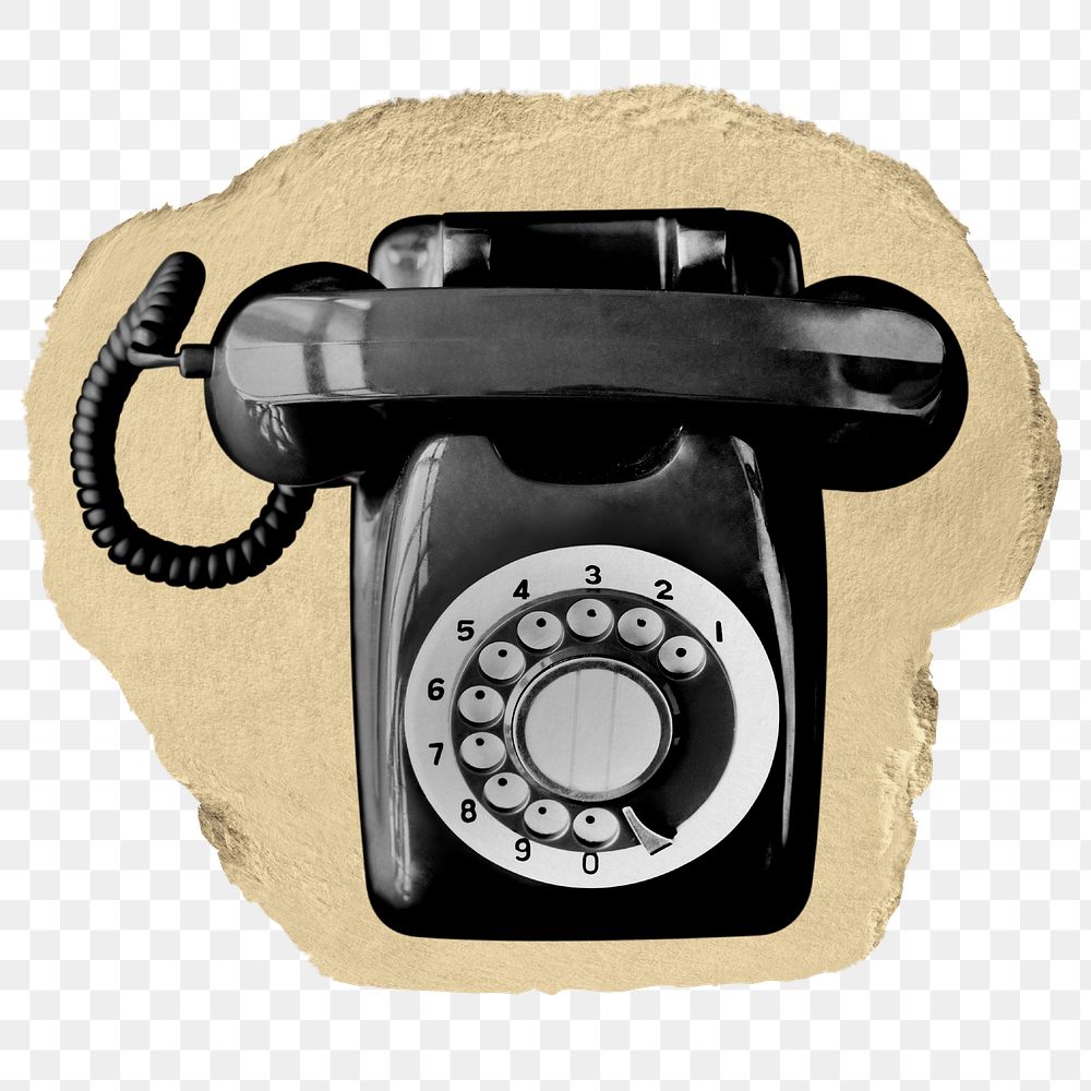 Black png rotary telephone sticker, ripped paper, transparent background