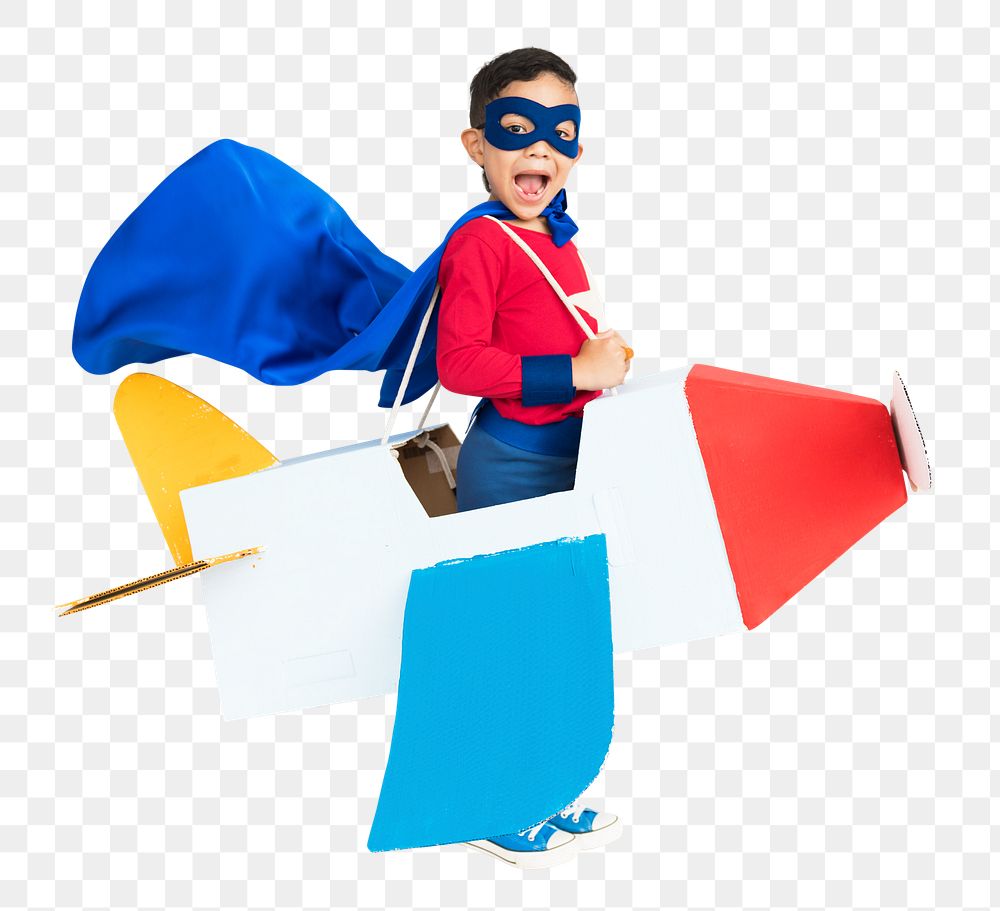 Superhero kid airplane png sticker, transparent background