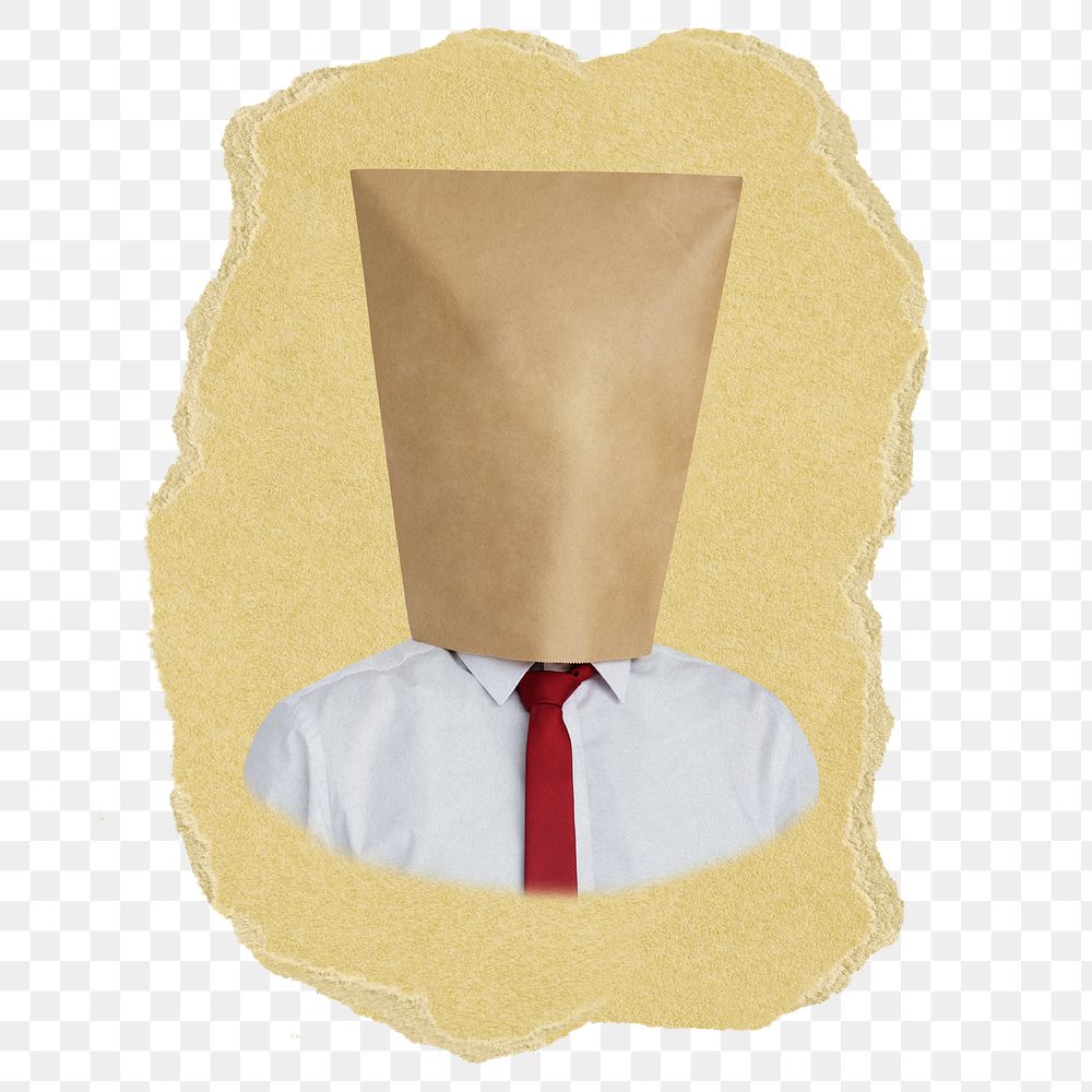 Bag png covering businessman's head sticker, ripped paper, transparent background