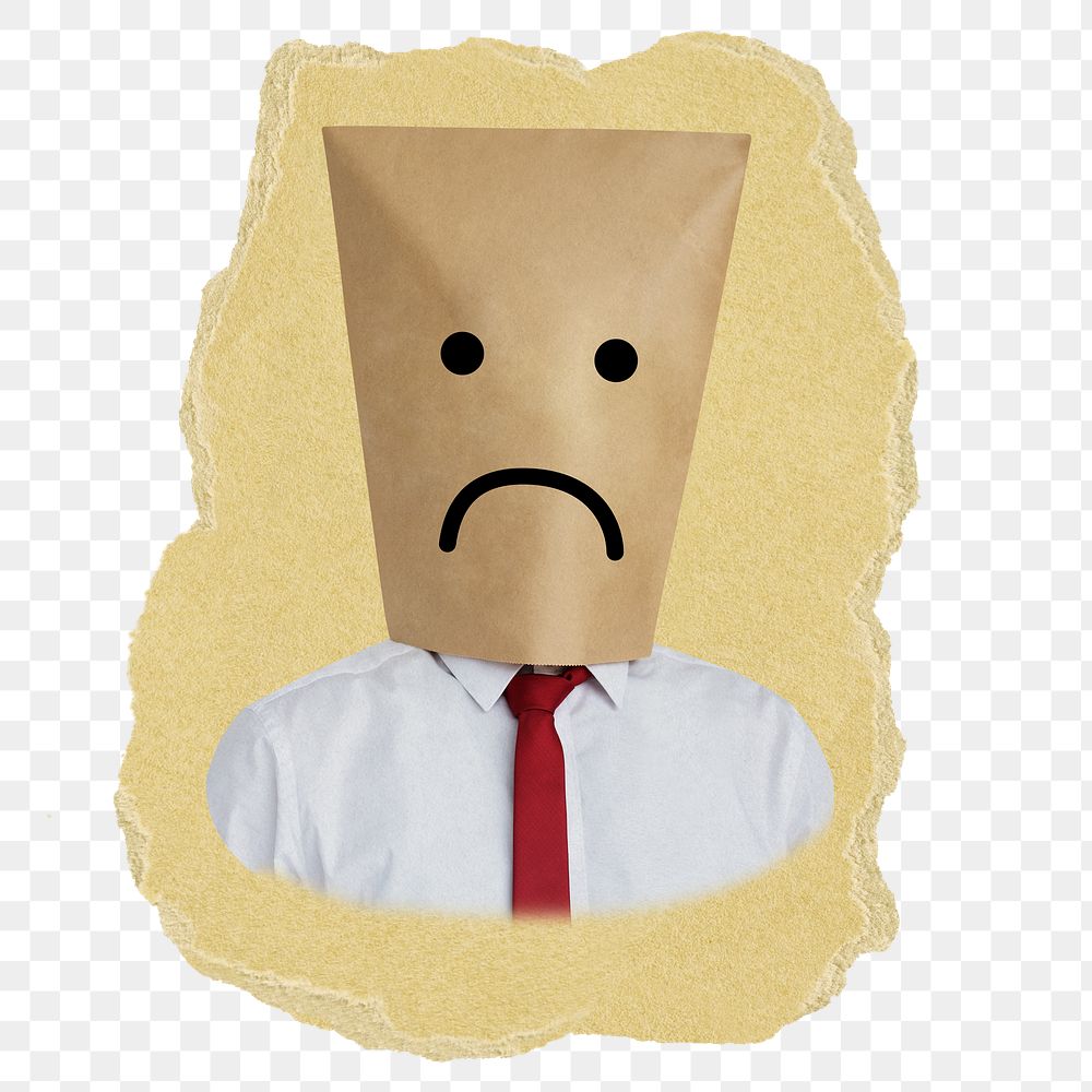 Sad bag png covering businessman's head sticker, ripped paper, transparent background