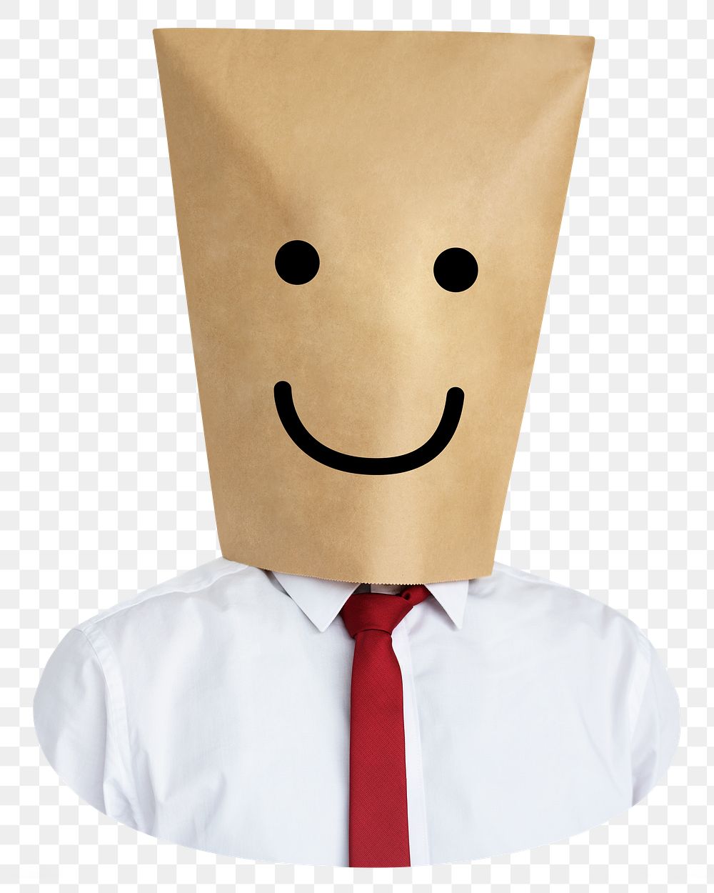 Happy bag png covering businessman's head sticker, mental health image, transparent background