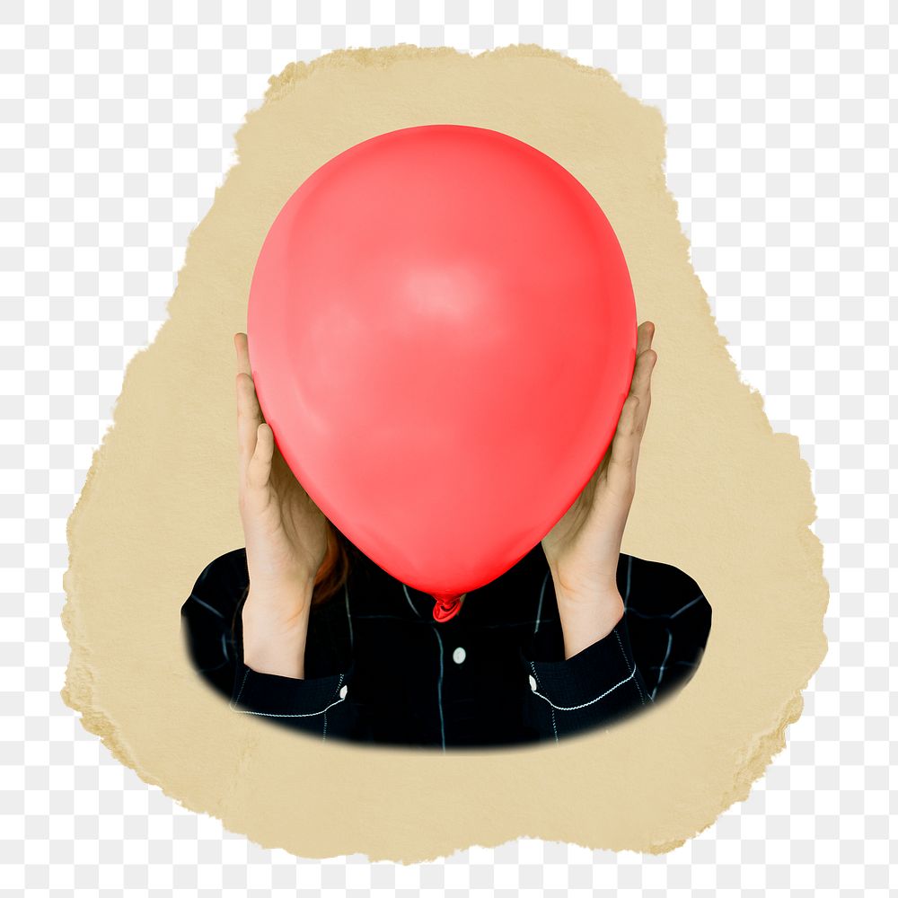 Woman holding png balloon sticker, ripped paper, transparent background
