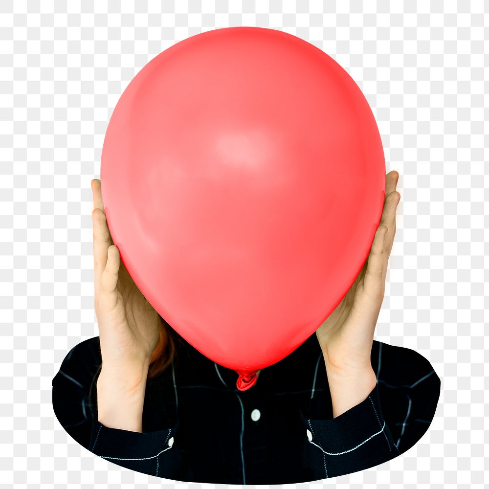 Woman holding png balloon sticker, transparent background