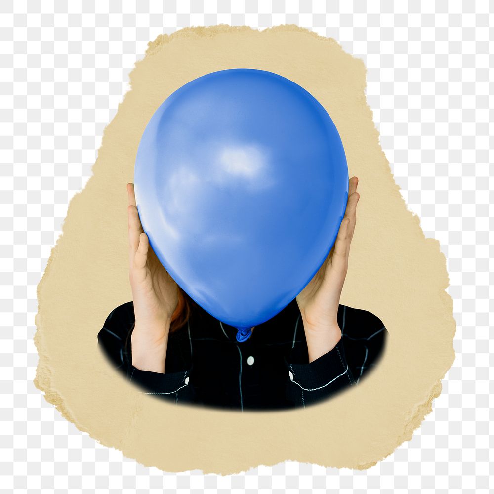 Woman holding png balloon sticker, ripped paper, transparent background