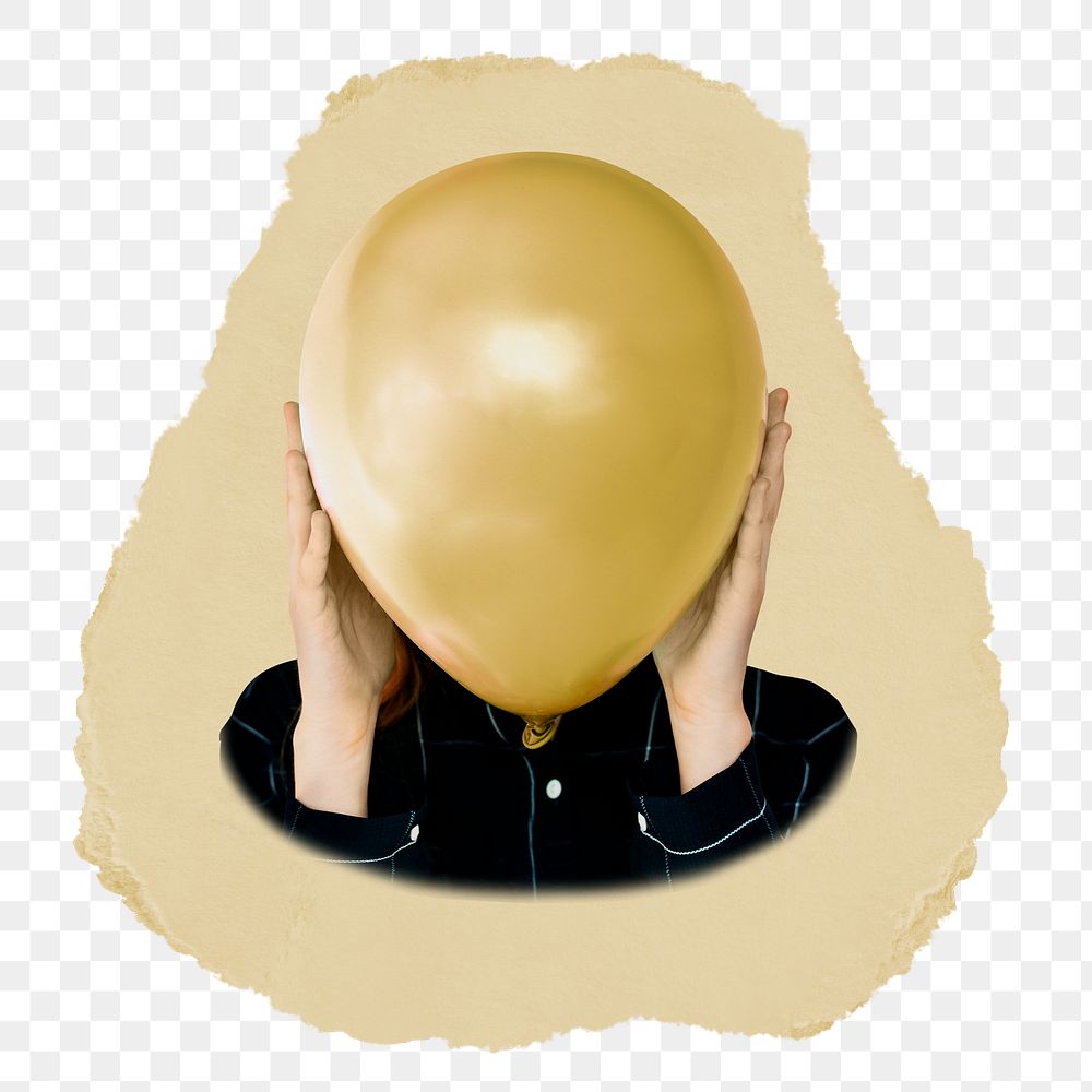 Woman holding png balloon sticker, ripped paper, transparent background