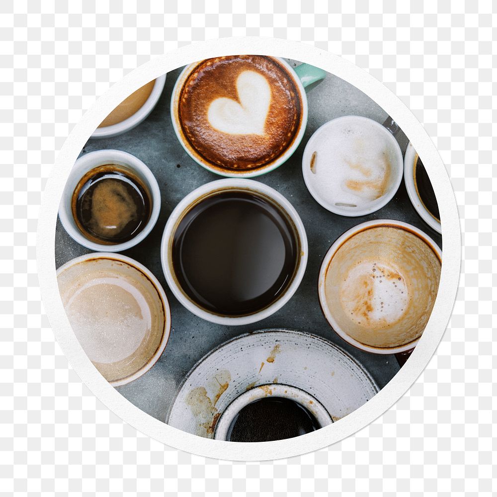 Coffee cups png sticker, drinks in circle frame, transparent background