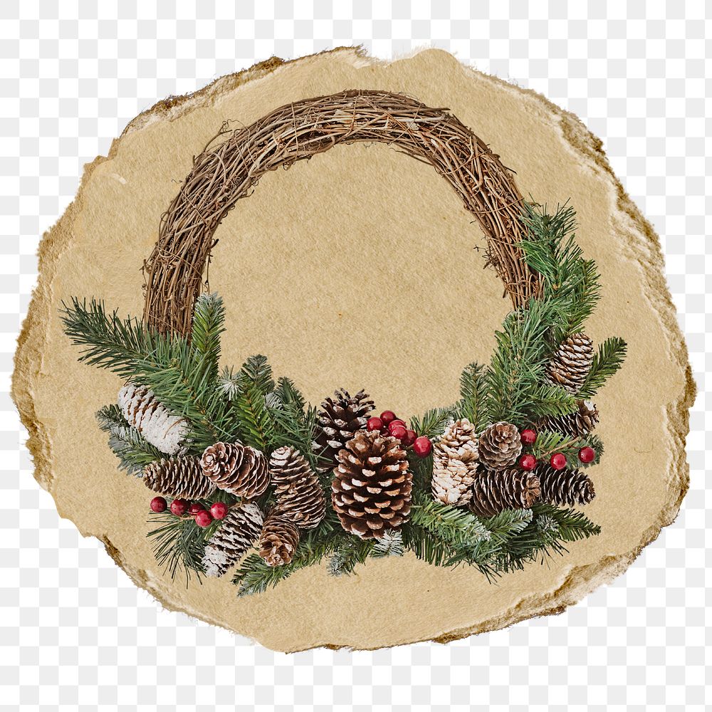 Christmas wreath png sticker, ripped paper, transparent background