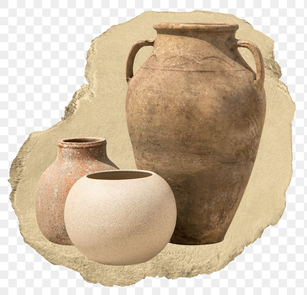 Clay pots png sticker, pottery torn paper, transparent background