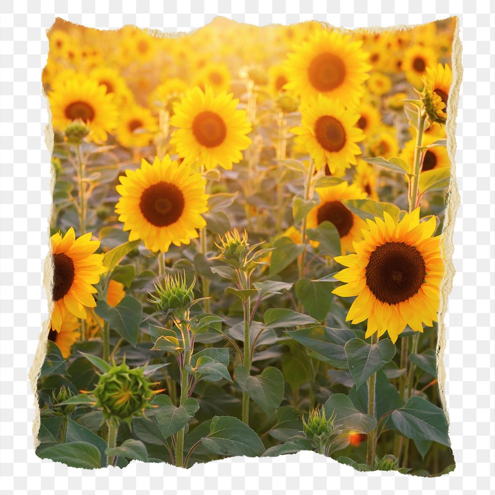 Sunflower field png Spring sticker, ripped paper, transparent background