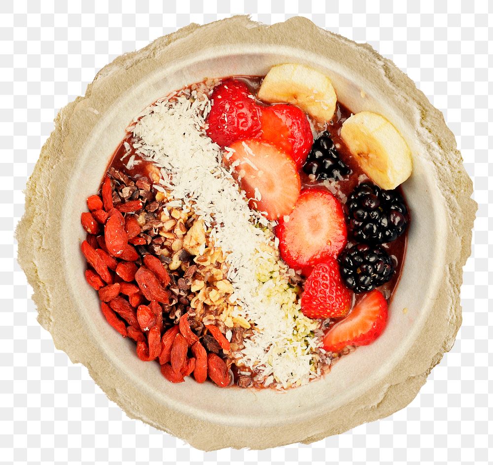 Acai bowl png sticker, healthy food torn paper, transparent background
