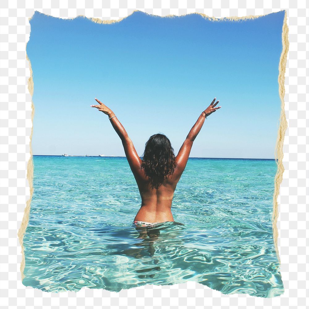 Png carefree woman at the beach, Summer sticker, ripped paper, transparent background