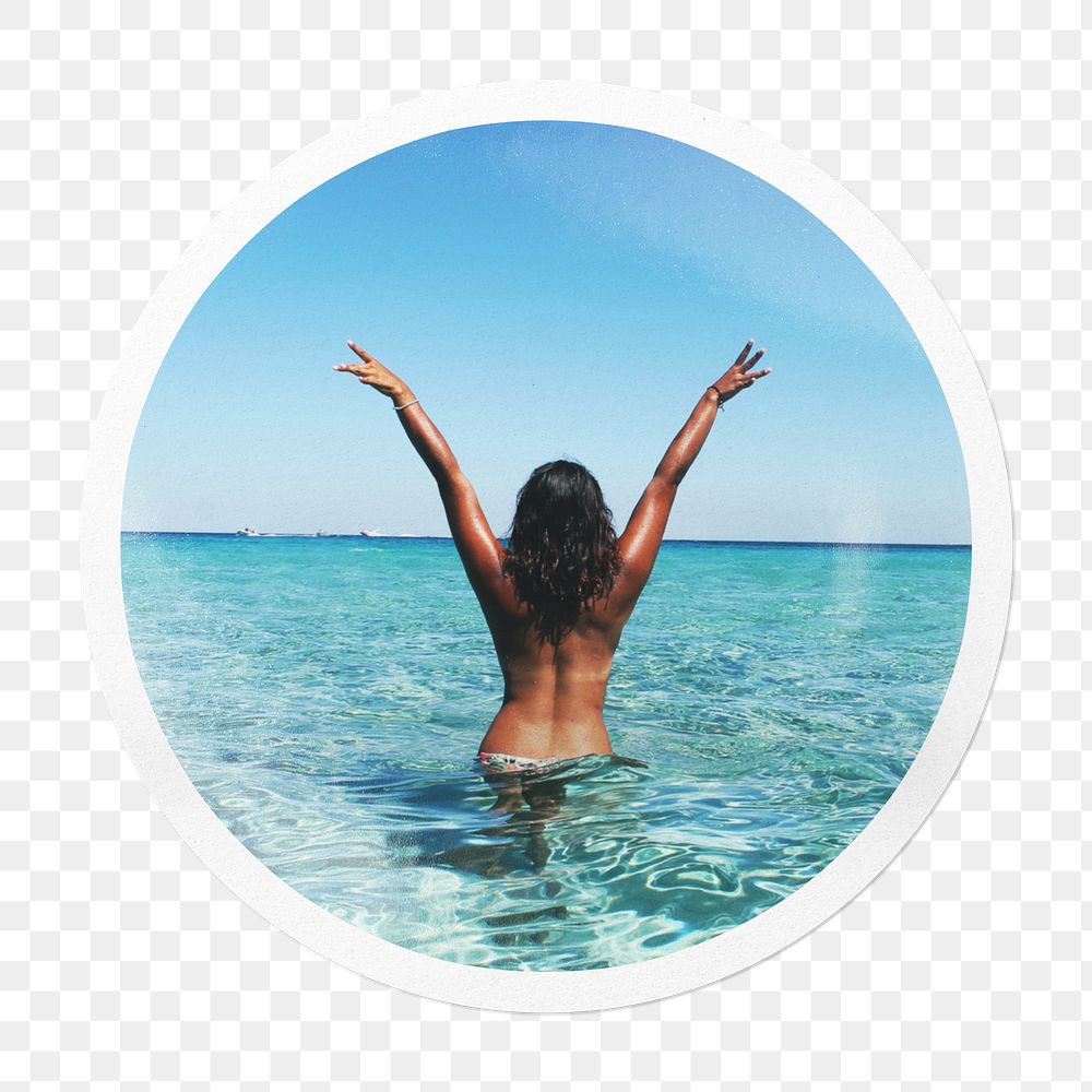 Png carefree woman at the beach sticker, Summer in circle frame, transparent background