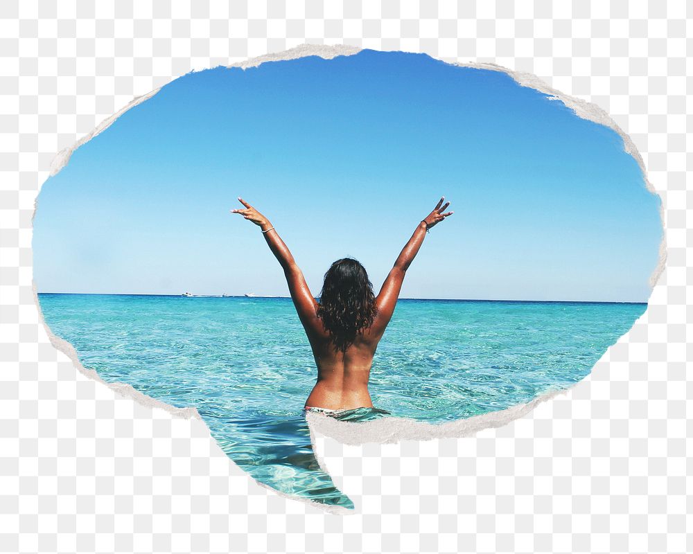 Png carefree woman at the beach, Summer sticker, ripped paper speech bubble, transparent background
