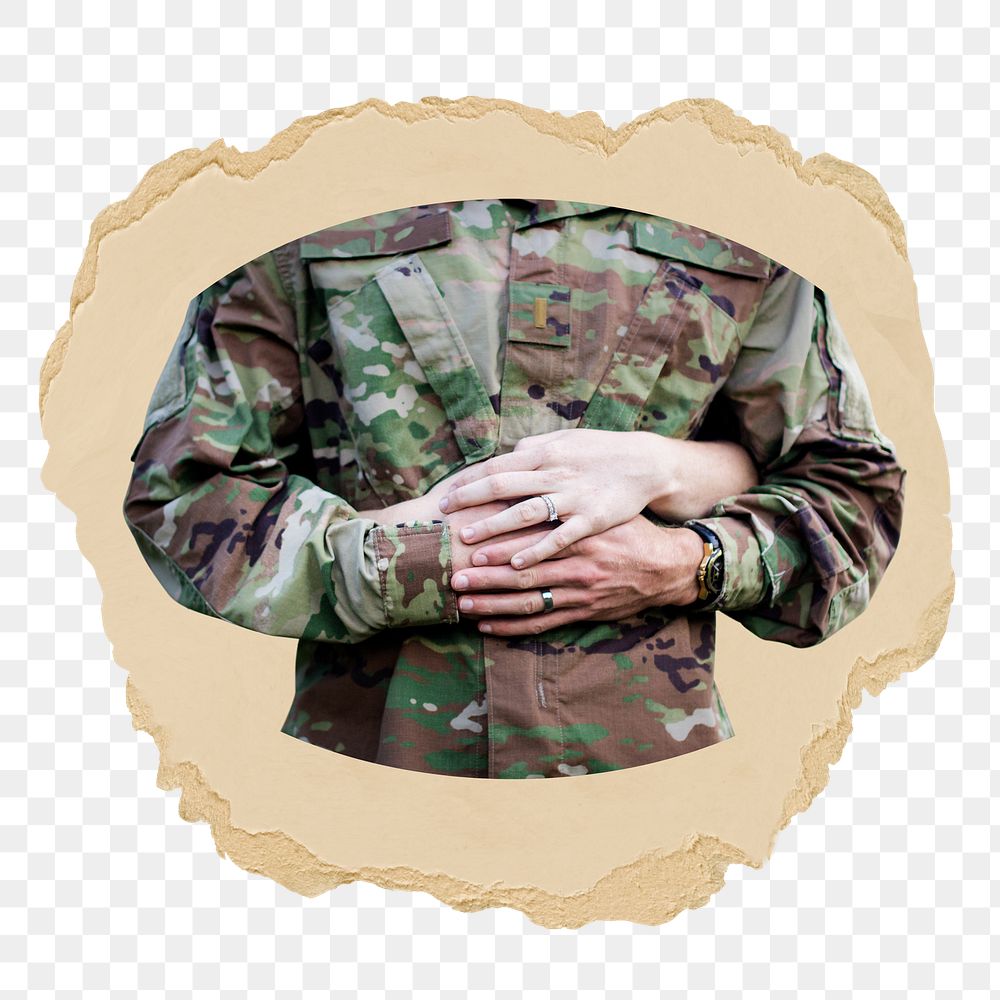 Soldier's hands png sticker, ripped paper, transparent background
