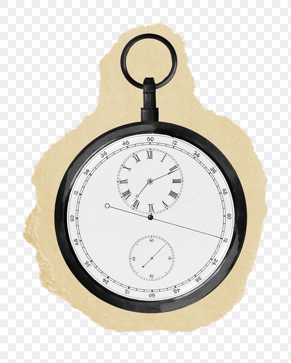 Png split second chronograph watch sticker, vintage illustration, transparent background, ripped paper badge
