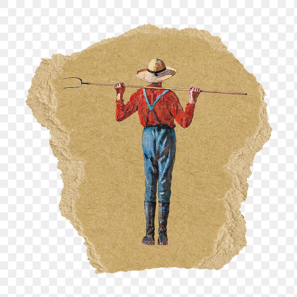 Png farmer sticker, Edward Penfield-inspired vintage artwork, transparent background, ripped paper badge, remixed by rawpixel