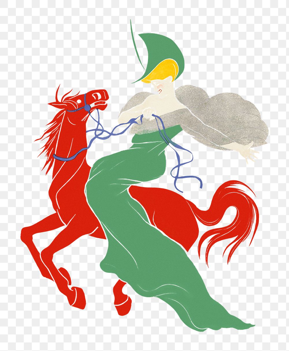 Png horse and woman sticker, vintage illustration, transparent background
