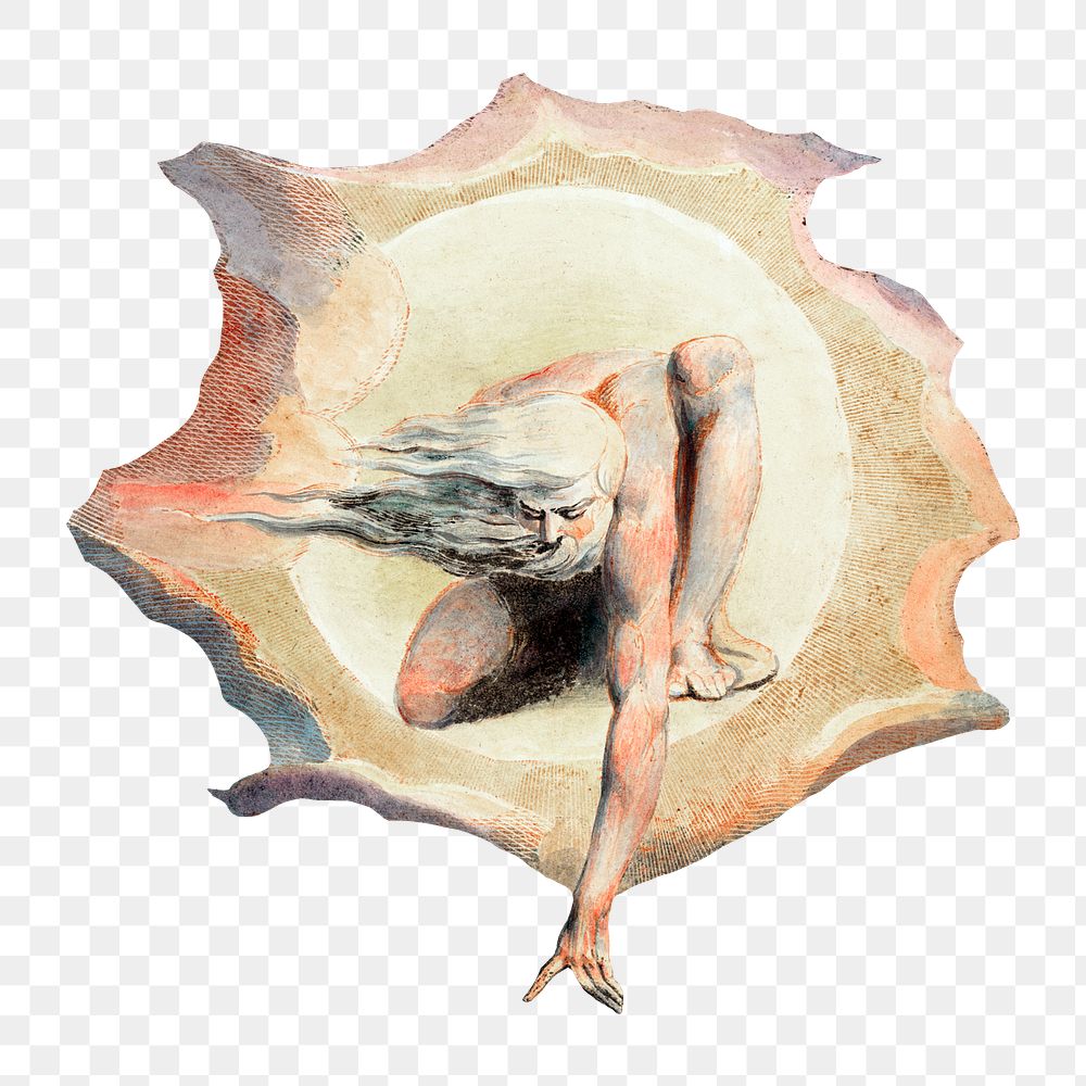 Png man touching ground sticker, William Blake-inspired artwork, transparent background, remixed by rawpixel