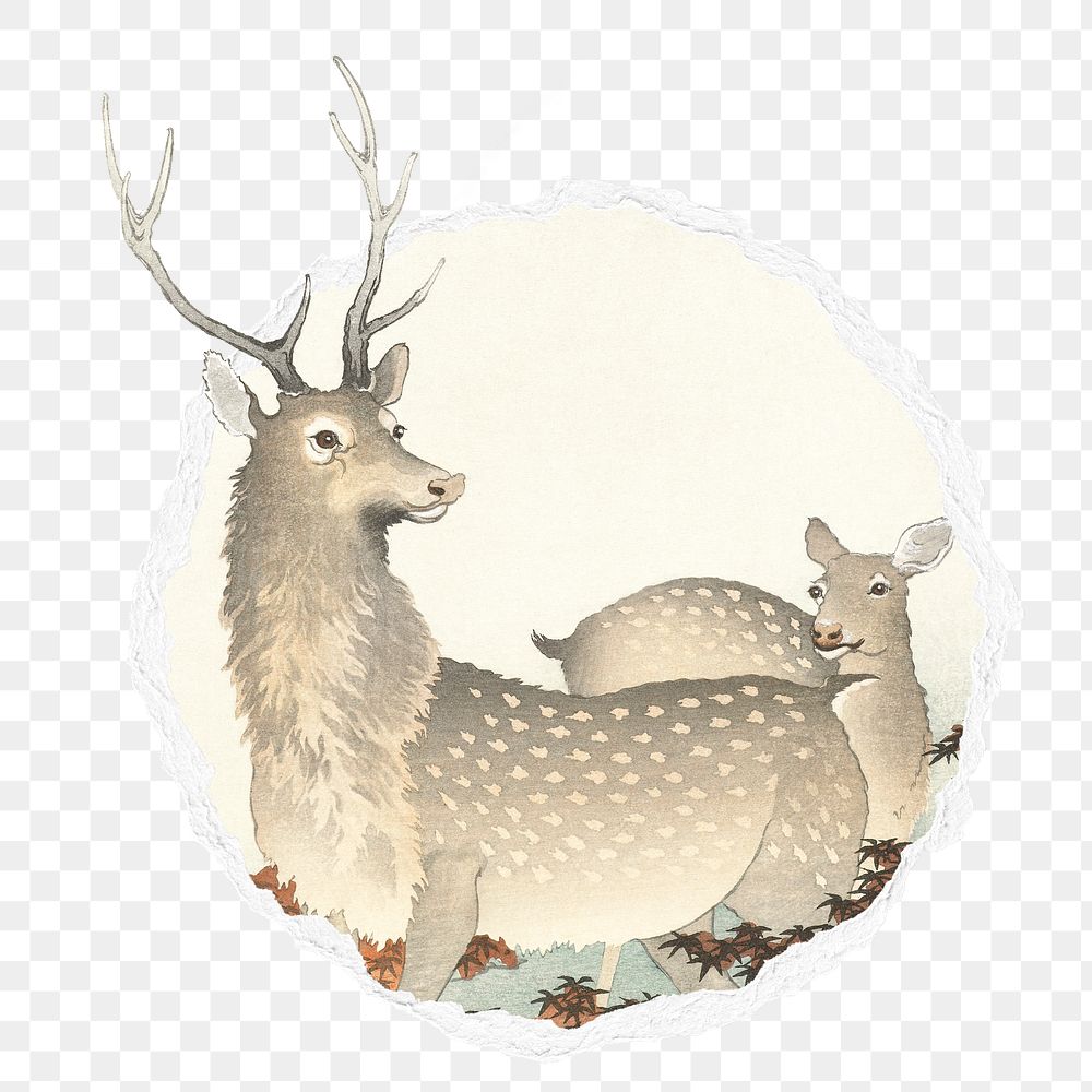 Png Ohara Koson's deers sticker, famous painting in ripped paper badge, transparent background remixed by rawpixel
