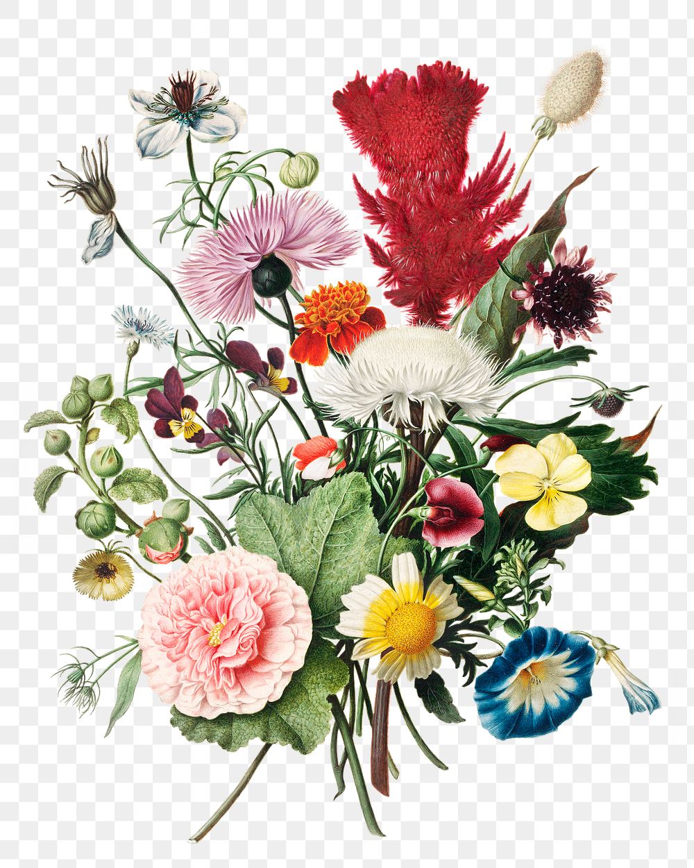 Png flower bouquet sticker, vintage illustration, transparent background