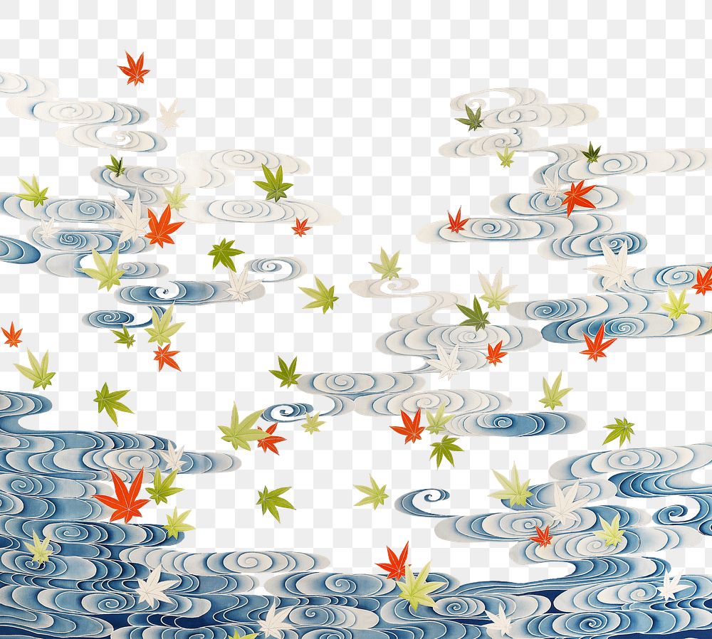 Png susoshiki with maple leaves in the Tatsuta river sticker, vintage illustration, transparent background