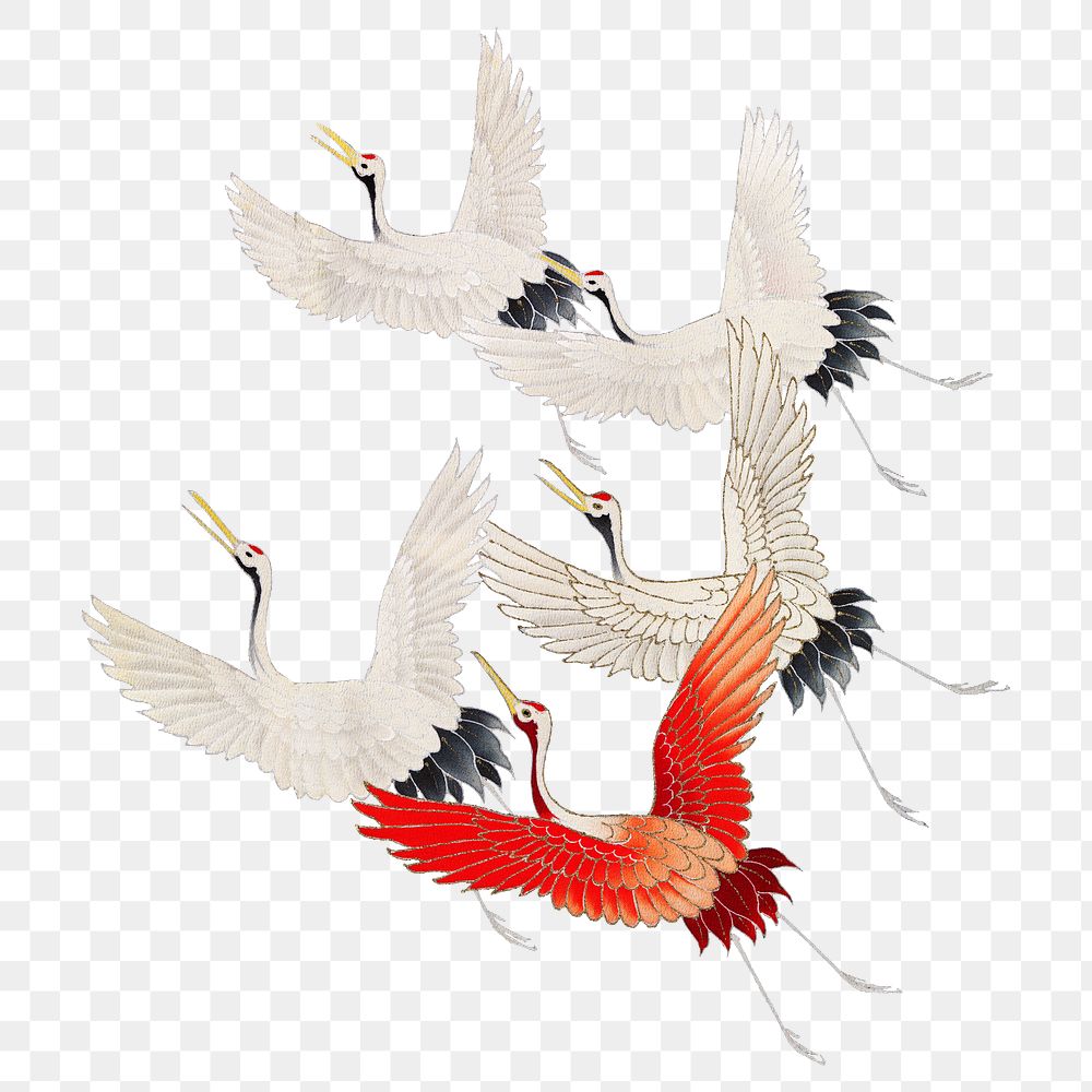 Png flying cranes sticker, Japanese vintage illustration, transparent background