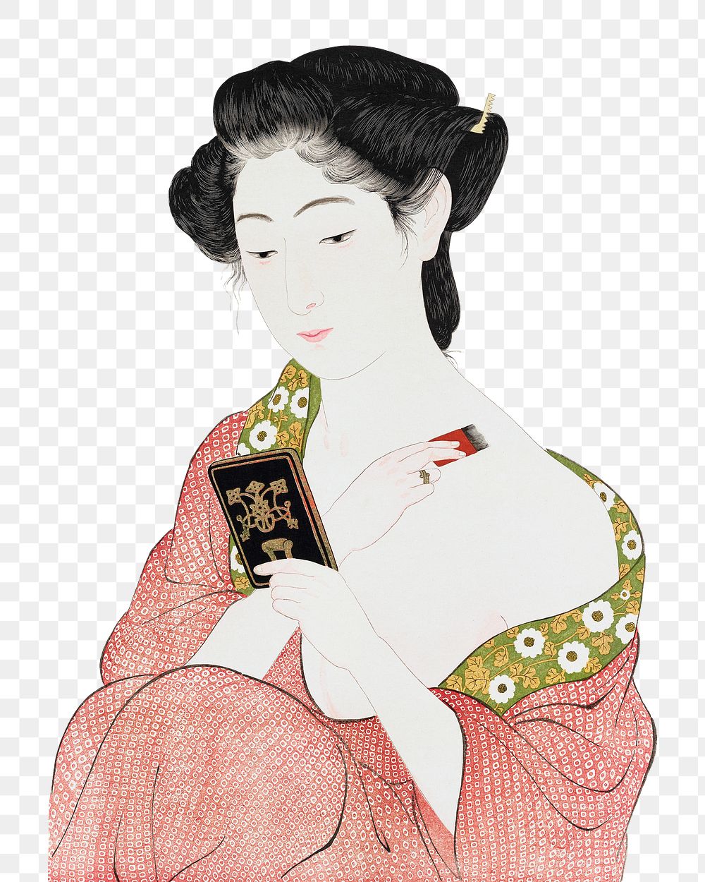 Png Hashiguchi's woman applying powder sticker, vintage illustration, transparent background