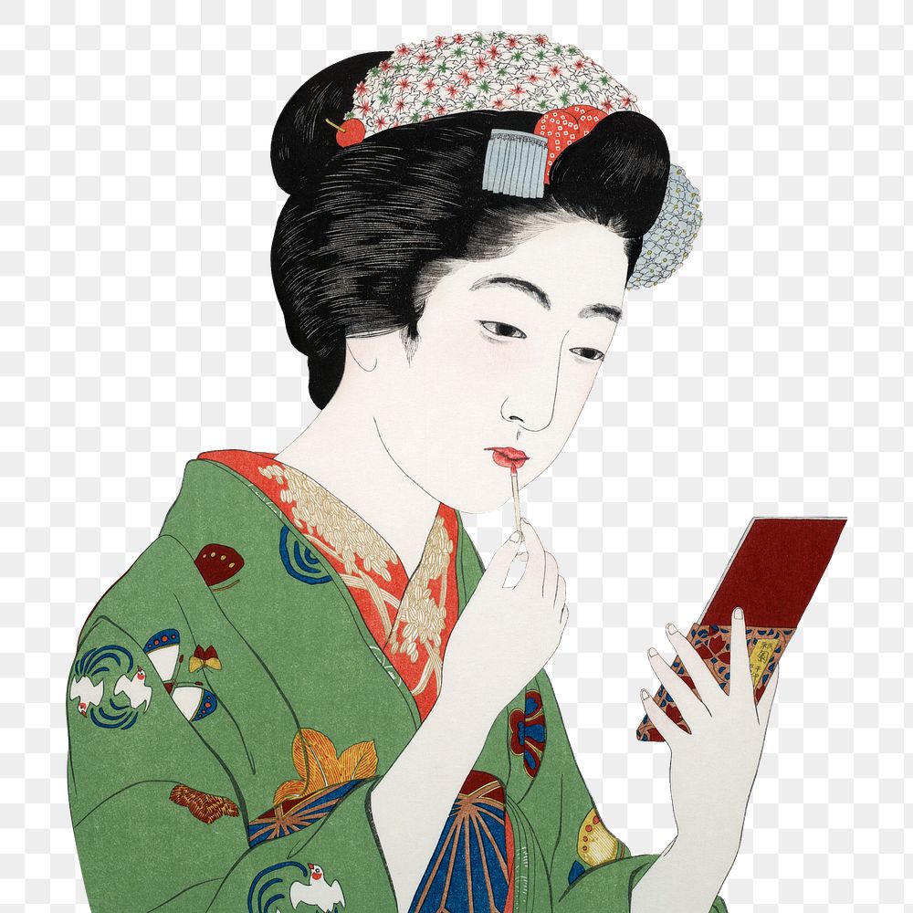 Png Hashiguchi's woman with lipstick sticker, vintage illustration, transparent background