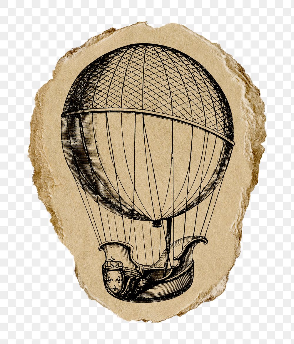 Air balloon png sticker, hand drawn illustration, transparent background, ripped paper badge