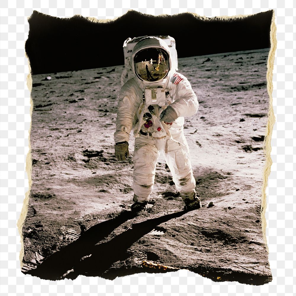 Astronaut png on the moon sticker, ripped paper, transparent background