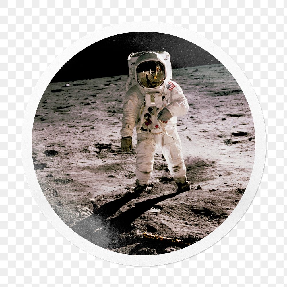 Astronaut png on the moon sticker in circle frame, transparent background