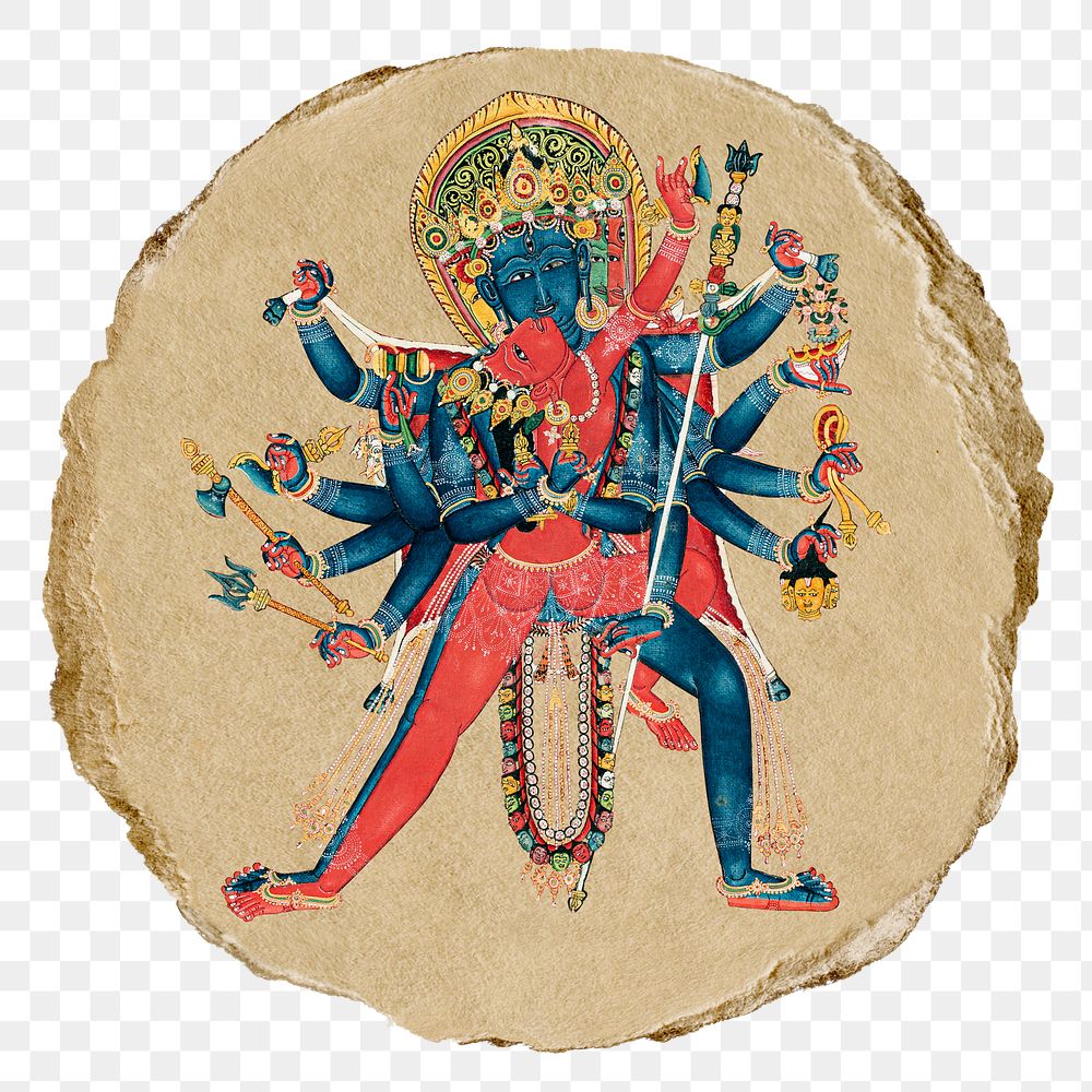 Chakrasamvara sticker png, vintage collage element, transparent background, ripped paper badge