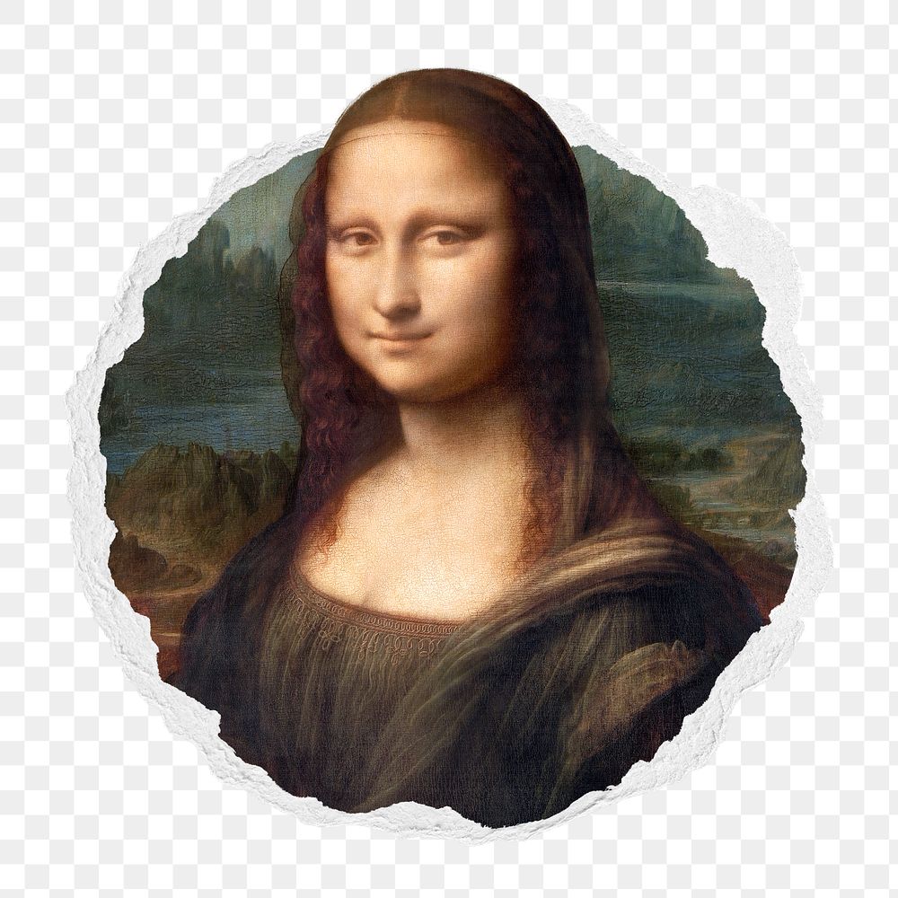 Mona Lisa png sticker, Leonardo da Vinci's famous painting in ripped paper badge, transparent background. Remixed by…