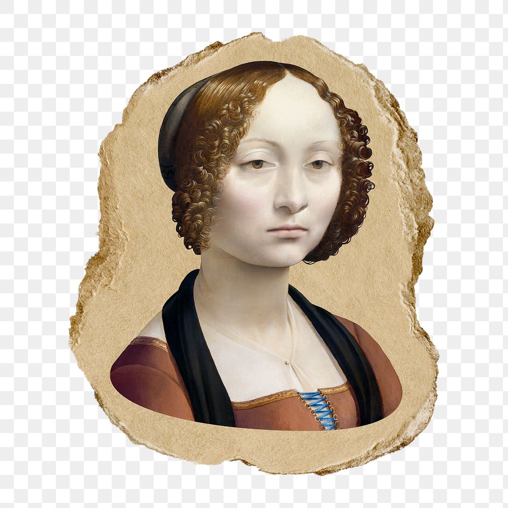 Woman png sticker, da Vinci-inspired artwork, transparent background, ripped paper badge, remixed by rawpixel