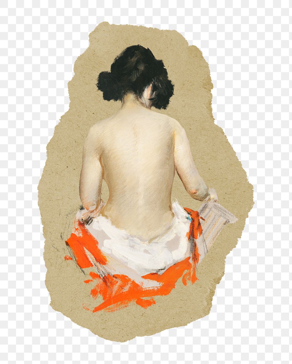 Png naked Japanese woman sticker, vintage artwork, transparent background, ripped paper badge