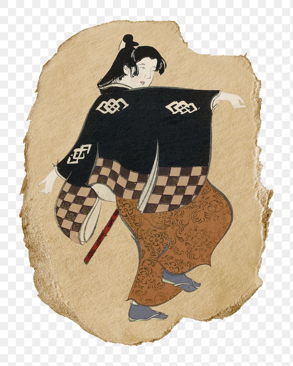 Japanese woman png sticker, vintage artwork, transparent background, ripped paper badge