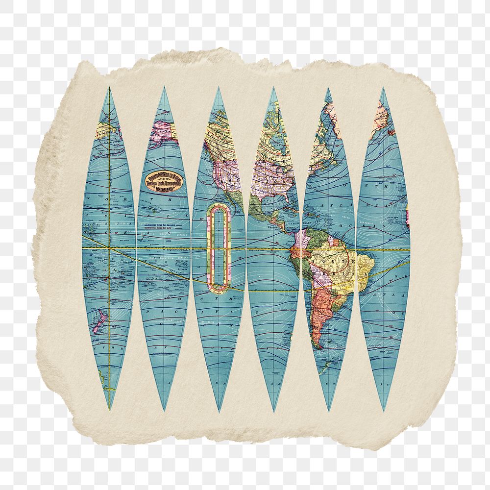 Split globe png sticker, vintage drawing artwork, transparent background, ripped paper badge
