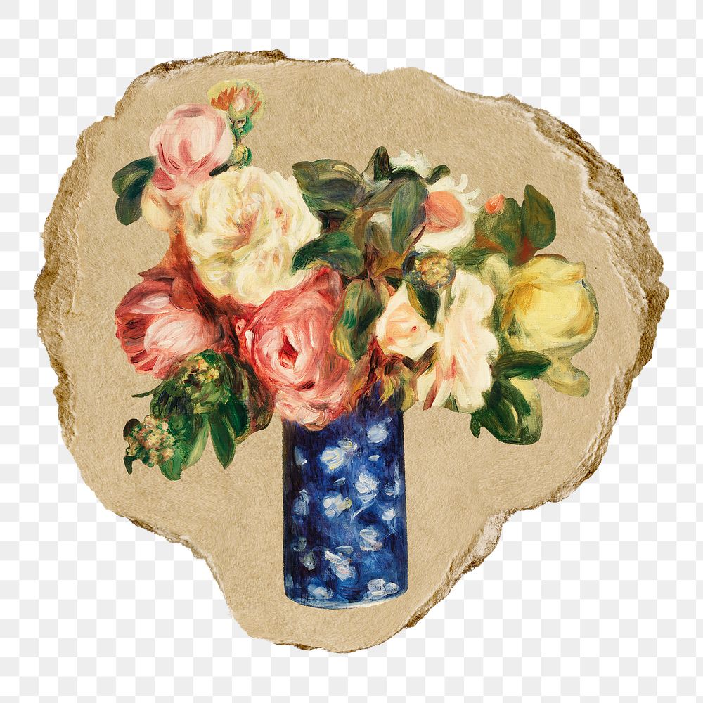 Rose bouquet png sticker, Renoir-inspired artwork, transparent background, ripped paper badge, remixed by rawpixel