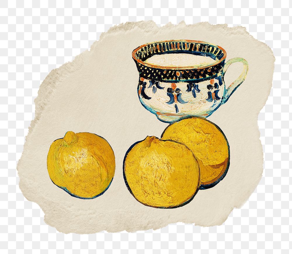Png tea cup and fruit sticker, van Gogh-inspired still life artwork, transparent background, ripped paper badge, remixed by…