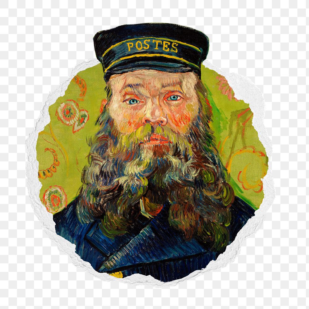 The Postman png (Joseph Roulin) sticker, painting by Vincent Van Gogh in ripped paper badge, transparent background. Remixed…