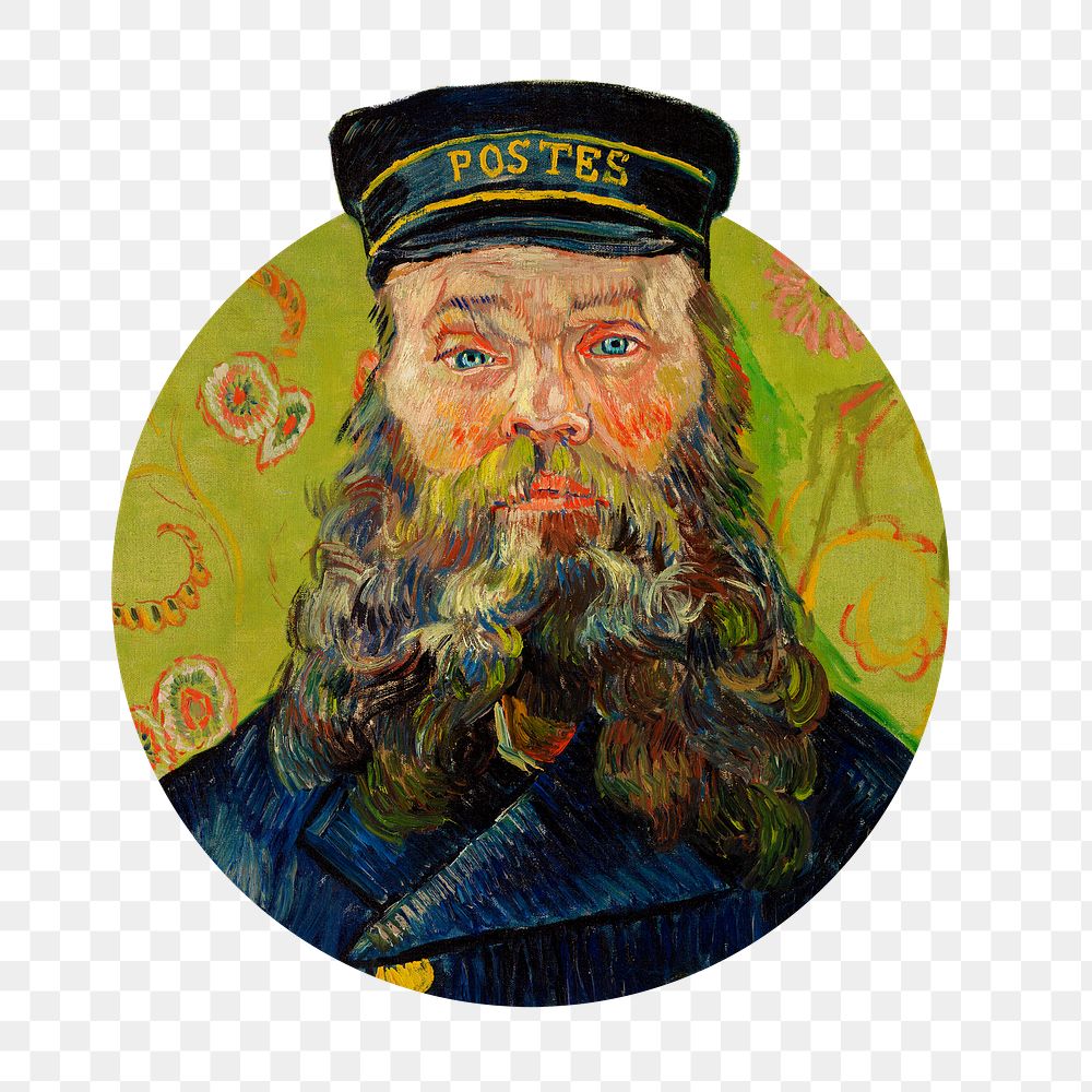 The Postman png (Joseph Roulin) badge sticker, painting by Vincent Van Gogh, transparent background. Remixed by rawpixel