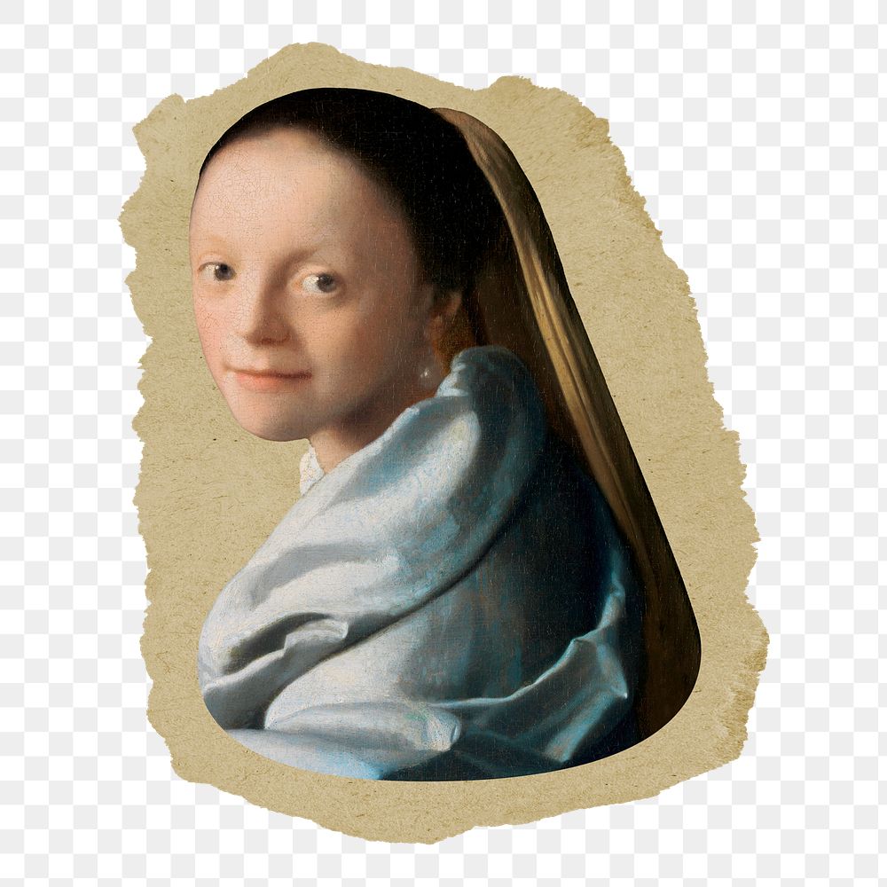 Vermeer, young woman png sticker, vintage artwork, transparent background, ripped paper badge