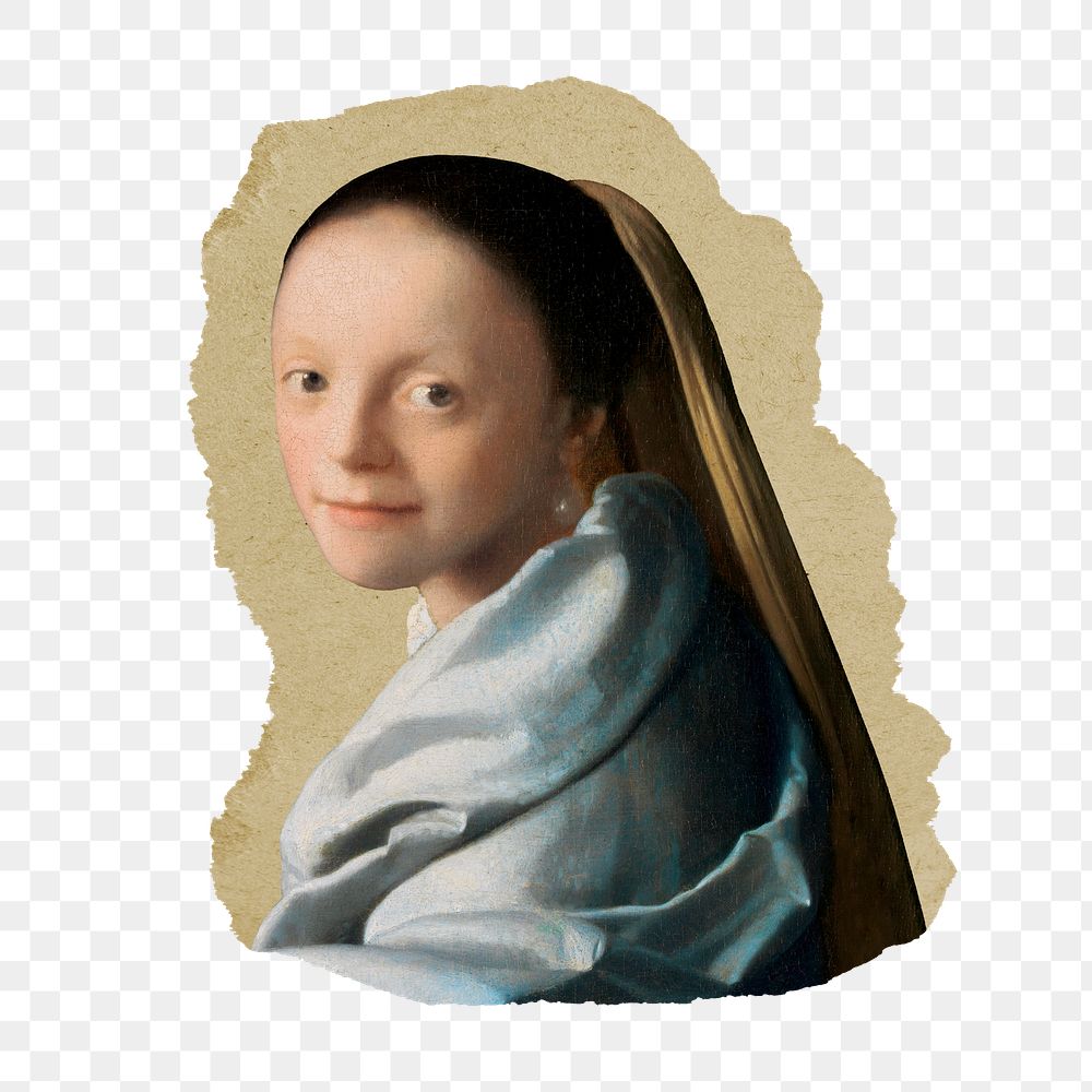 Vermeer, young woman png sticker, vintage artwork, transparent background, ripped paper badge