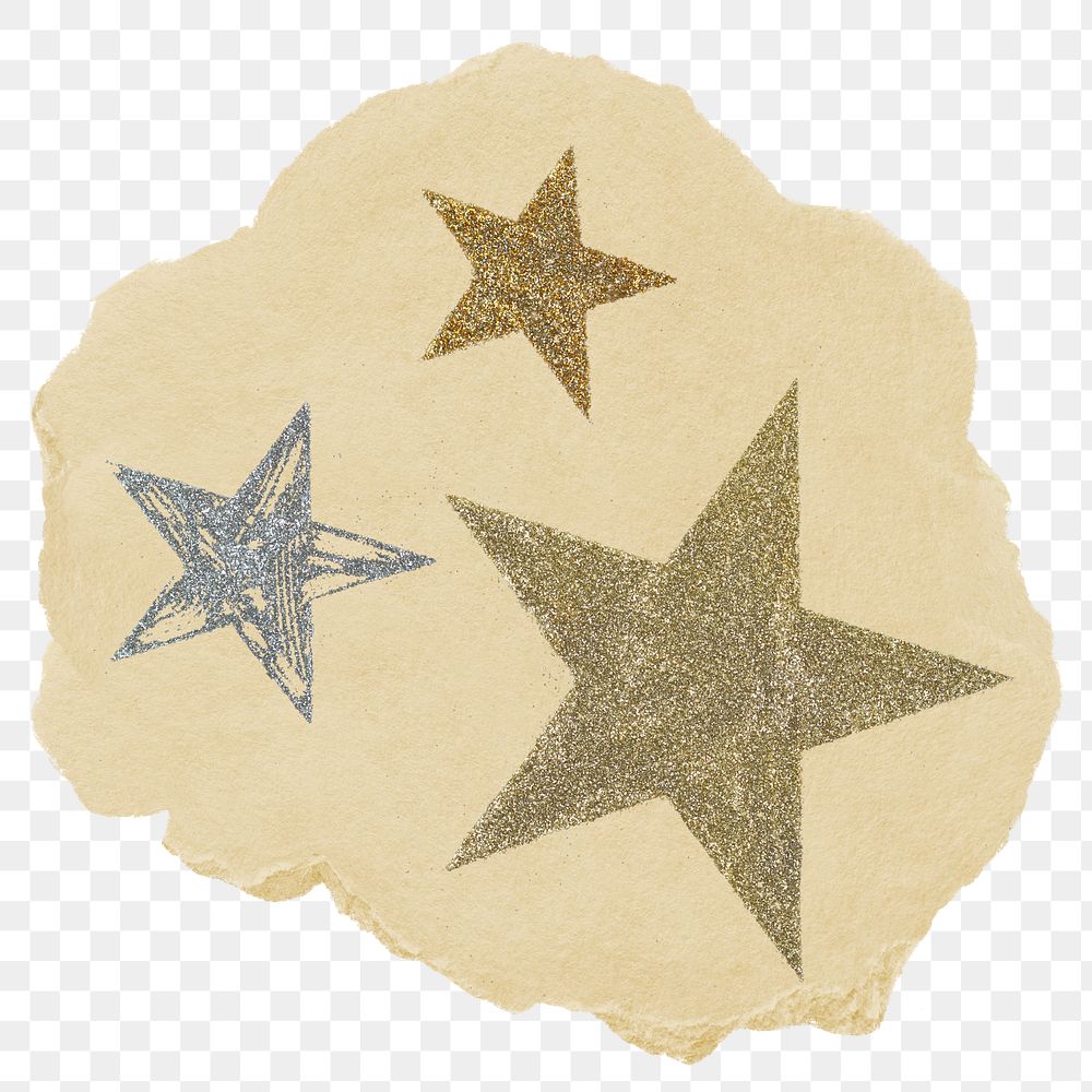 Glittery stars png sticker, ripped paper on transparent background