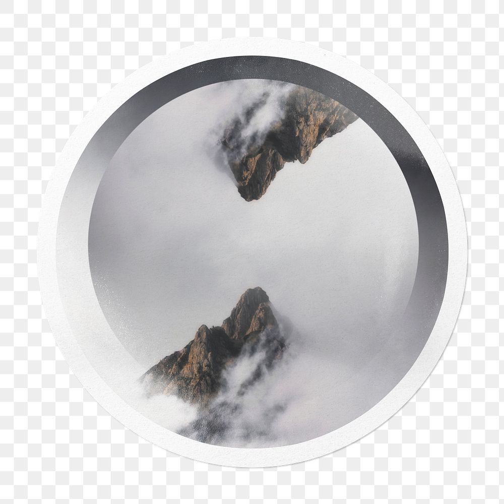 Png foggy mountain peaks sticker, nature in circle frame, transparent background