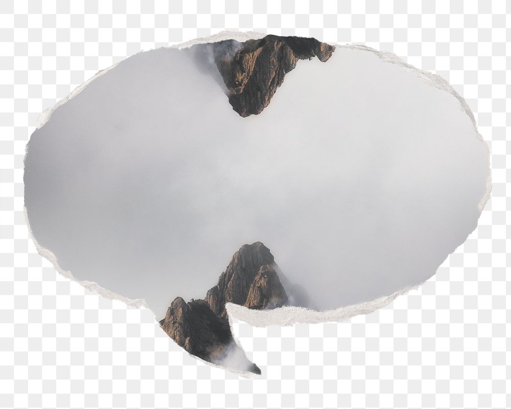 Png foggy mountain peaks nature sticker, ripped paper speech bubble, transparent background