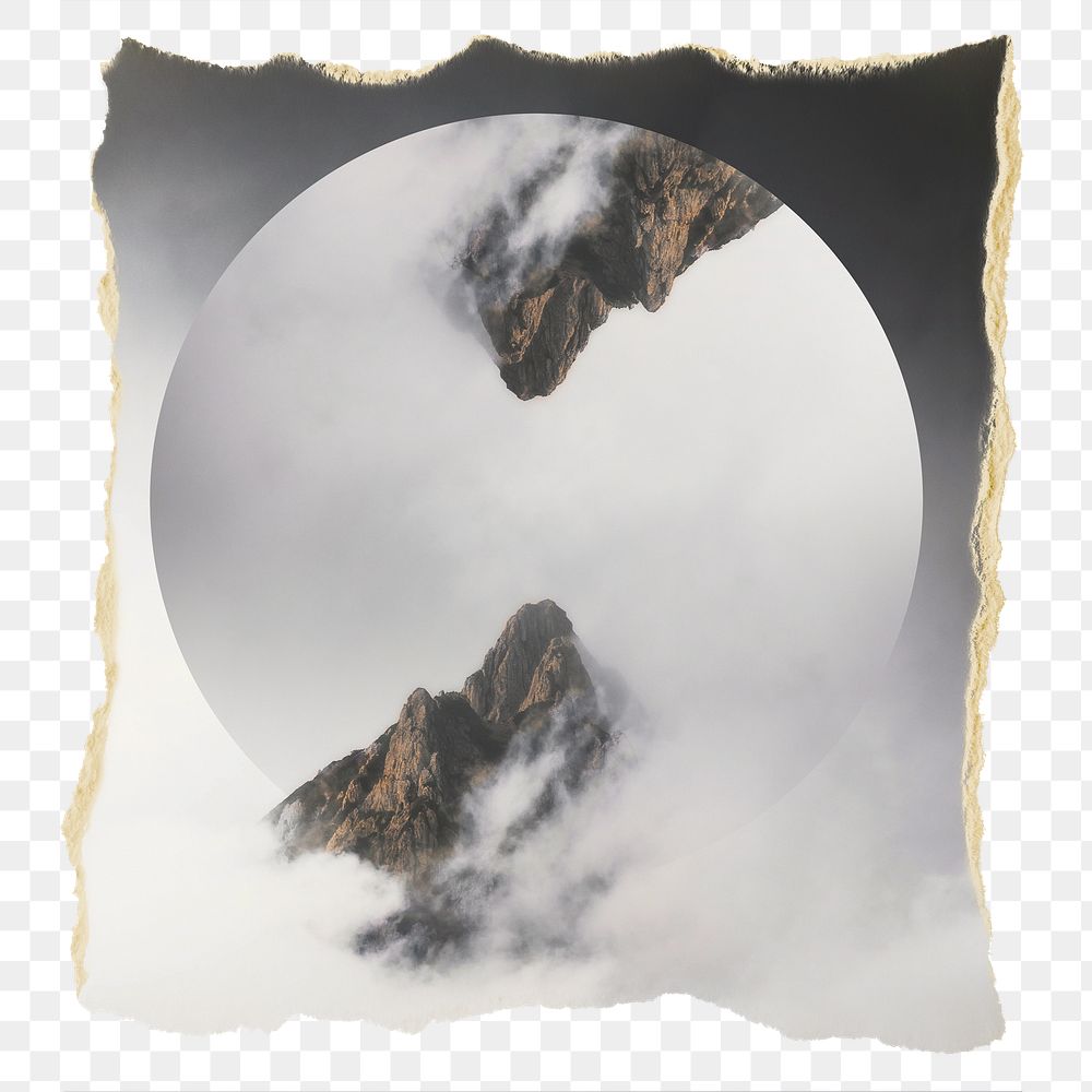 Png foggy mountain peaks nature sticker, ripped paper, transparent background